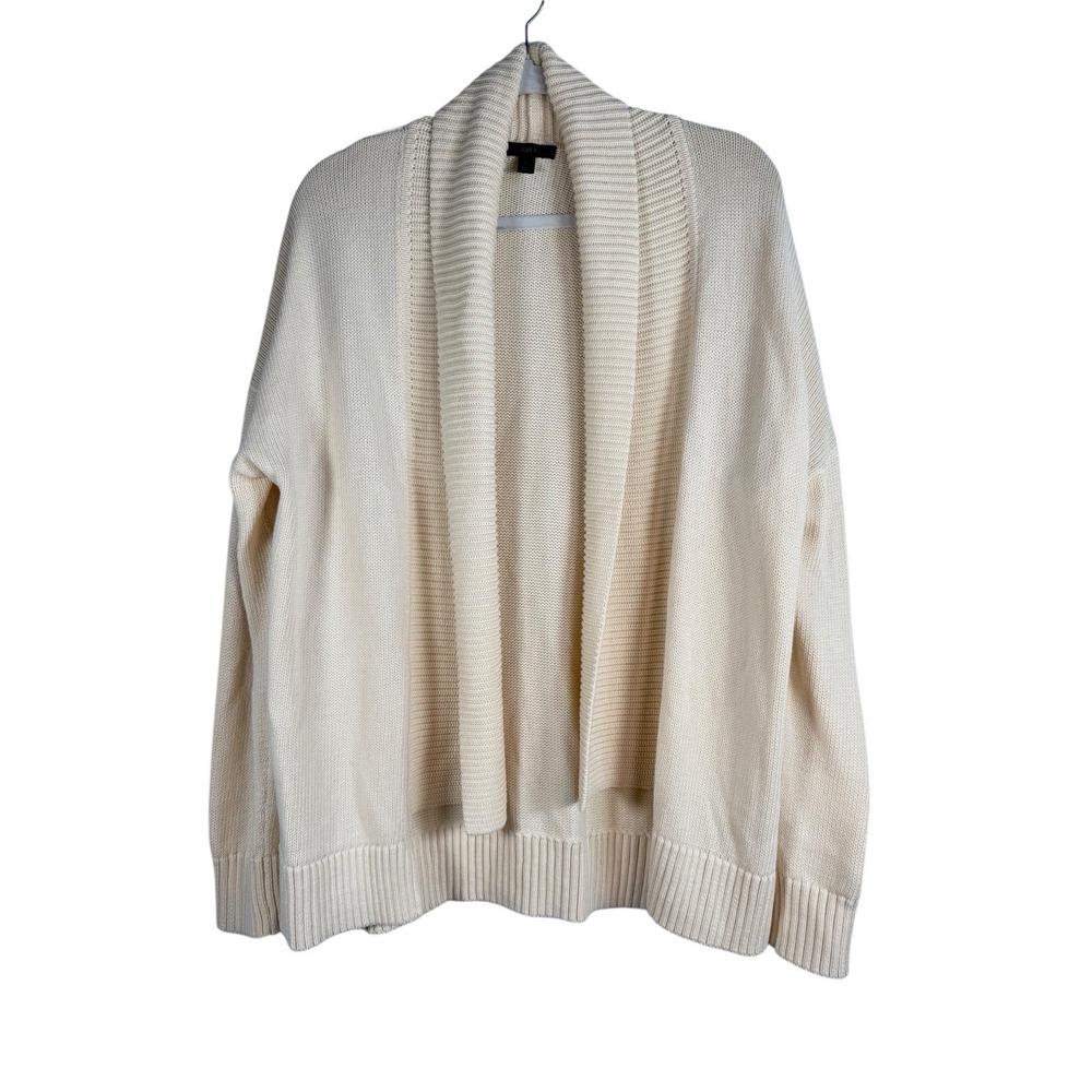 J.Crew Women Cream Rib Detail Close Knit Open Front Long Sweater Cardigan Size L